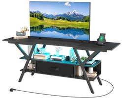 SureDeal® - TV-Meubel 140 cm voor 65 inch - 3-Laags met LED & Stopcontacten - Hout & Metaal - Zwart - TV-Stand Kast