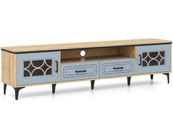 SureDeal® - TV Meubel - Hout - Landelijk - TV Kast - Voor TV's tot 80 inch - 180,5 cm - 2 Lades - 2 Deuren - Eiken/Blauwgrijs