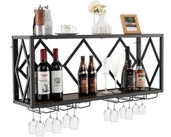 SureDeal® - Wandwijnrek - 100x25x45 cm - Metaal -Hout - 39 Flessen -12 Glazen - Industrieel Wandmontage Wijnrek