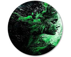 Surrealistisch groen vrouwelijk portret - Vrouw muurdecoratie rond - Ronde wanddecoratie portret - Surrealistisch - Forex decoratie rond - Woonaccessoires - muurcirkel forex 60x60 cm