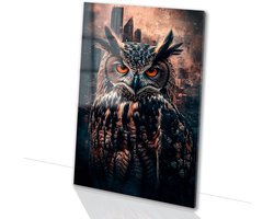 Surrealistische uil boven skyline - Uil glazen schilderij - Muurkunst dieren - Surrealistisch - Kunst op acrylglas - Slaapkamer accessoires - Glasschilderij 70x105 cm