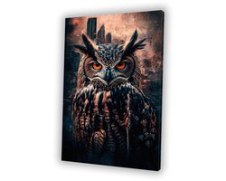 Surrealistische uil boven skyline - Uil wanddecoratie - Schilderij op canvas dieren - Surrealistisch - Muurdecoratie industrieel - Kunst aan de muur - Canvas 75x100 cm