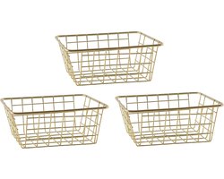 Svenska Living Draadmand - Set van 3x stuks - goudkleurig - 20 x 15 x 8 cm - opbergmand - Keukenmandjes/sokkenmandjes