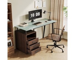 Svintora-Modern Bureau met zij-kast en 3 lades - Glazen bovenblad - Donker houtkleurig - Voor kantoor en thuiswerken