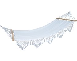 Svita Luxe hangmat met decoratieve zoom - Boho houten frame Macramé katoen beige
