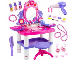 SVN® Make Up Tafel Speelgoed - Kaptafel Kind - Met Kruk en accessoires – Roze/Wit - 33cm x 62cm x 65cm