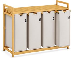 SVN® Wasmand 4 Vakken - Wassorteerder - Wasmand - met Verwijderbare Waszak - Licht Grijs - 107cm x 42cm x 77cm