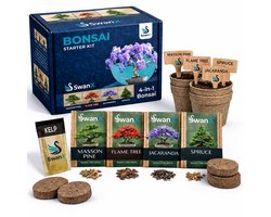 SwanX® Bonsai Starter Kit – 4 Bonsai Zaden (Masson Pine, Flame Tree, Jacaranda, Spruce) – Bonsai Boom Kweekset met Nederlandse Handleiding – Complete Bonsai Kweekset Cadeau