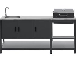 sweeek - 2 buitenkeukenmodules met barbecue op houtskool en gootsteen staal - naxos