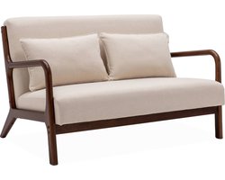 sweeek - 2-zitsbank in beige stof, poten van licht walnoothout heveahout, scandinavische kompaspoten, massief houten frame