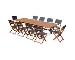 sweeek - Almeria houten tuinset, grote 200-300cm rechthoekige uitschuifbare tafel, 2 fauteuils, 8 eucalyptus en textilene stoelen