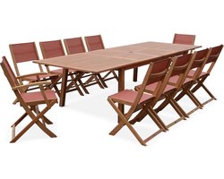 sweeek - Almeria houten tuinset, grote 200-300cm rechthoekige uitschuifbare tafel, 2 fauteuils, 8 eucalyptus en textilene stoelen