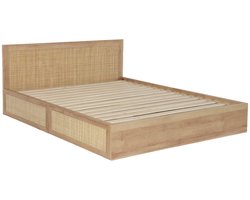 sweeek - Bed met lattenbodem en hoofdbord 160x200cm + 4 lades van houtdecor en rotan - bohème