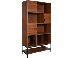 sweeek - Boekenkast in vintage stijl en walnootkleurig hout en zwart metaal met 9 vakken (3 deuren en 5 planken)