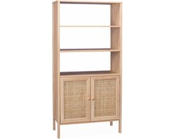 sweeek - Boekenkast met 2 deuren en open planken houtdecor en rotan 80cm - bohème