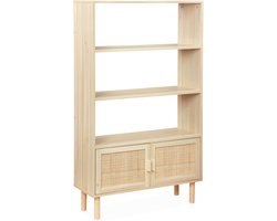 sweeek - Boekenkast met 2 deurtjes en open planken rotan en houteffect 80cm - camargue