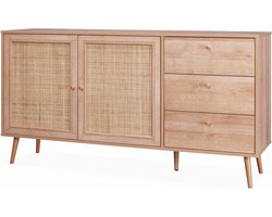 sweeek - Dressoir met 2 deuren 3 lades houtdecor en rotan 150cm - bohème