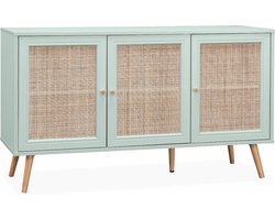 sweeek - Dressoir met 3 deuren houtdecor en rotan 120cm - bohème