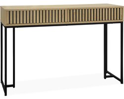 sweeek - Eigentijdse sidetable met 2 laden in gegroefd houtdecor, zwart metalen structuur en basis