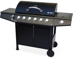 sweeek - Gasbarbecue 6 branders en zijbrander op wielen met zijtafels en thermometer - treville