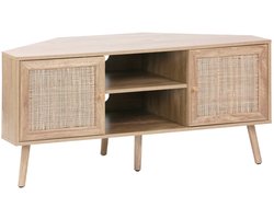 sweeek - Hoek-tv-meubel in houtdecor en rotan, 2 deuren, 1 plank, 115 cm