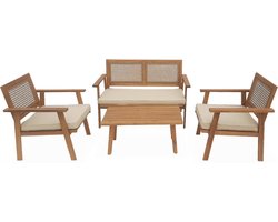 sweeek - Houten en rieten tuinmeubelen bank 2 zitplaatsen, 2 fauteuils, 1 salontafel - bohemen 117x64x74 cm