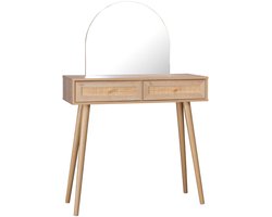 sweeek - Kaptafel met afgeronde spiegel en 2 rotan lades, bohème, scandinavische stijl, l 90 x d 35 x h 135,5 cm