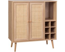 sweeek - Kastje met 2 deuren 7 open vakken houtdecor en rotan 83cm - bohème