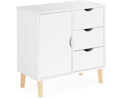 sweeek - Kinderladekast, 1 deur en 3 laden, 2 legplanken, wit, grenen poten
