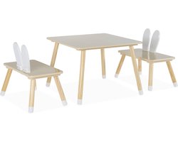 sweeek - Kindertafel + 2 stoelen, dennenhouten poten, kleur wit en hout