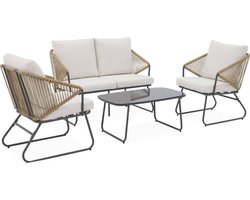 sweeek - Loungeset van metaal en natuurlijk hars, beige kussens, 4 zitplaatsen