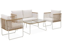 sweeek - Loungeset van touw en gegalvaniseerd staal, salontafel van gehard glas, 4 zitplaatsen