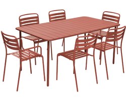 sweeek - Metalen tuintafel + 6 stoelen, waarvan 2 met armleuning, roestvrij staal, 160 x 90 x h 72,5cm