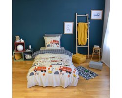 sweeek - Omkeerbare dekbedovertrek pinpon 1-persoons met brandweerprint in microvezel, 140 x 200 cm, 1 dekbedovertrek, 1 kussensloop