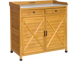 sweeek - Opbergmeubel, dennenhouten werktafel met 2 deuren en 2 laden, b 102 x d 52,5 x h 103,5cm