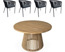 sweeek - Ronde eettafel van acaciahout, binnen/buiten + 4 stoelen van touw en staal