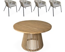 sweeek - Ronde eettafel van acaciahout, binnen/buiten + 4 stoelen van touw en staal