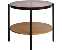 sweeek - Ronde salontafel / bijzettafel 52 x 52 cm met hout- en metaaleffect zwart, 2 tafelbladen waarvan één in gehard glas