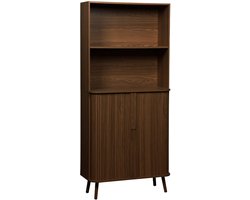 sweeek - Scandinavische boekenkast, 2 schuifdeuren, 4 niveaus, gegroefd houteffect, l 80 x b 45 x h 180cm - legacy