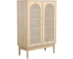 sweeek - Schoenenkast / klein dressoir met 2 deuren en rotan judith, 20 paar schoenen, 4 planken, voeten van rubberhout met gouden afwerking