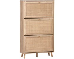 sweeek - Schoenenkast met 3 kleplades houtdecor en rotan 75cm - bohème