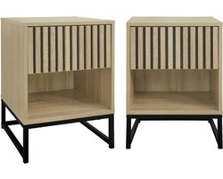 sweeek - Set van 2 nachtkastjes in moderne stijl met 1 lade in gegroefd houteffect (systeem om te openen) en 1 vak, onderstel van zwart metaal