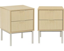 sweeek - Set van 2 nachtkastjes met gegroefd hout- en metaaleffect, champagne metalen poten, 2 laden