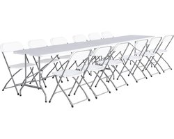 sweeek - Set van 2 opvouwbare plastic receptietafels 180cm + 12 bijzetstoelen, campingtafel