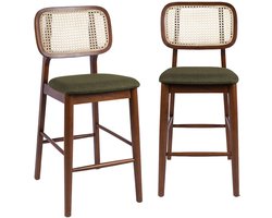 sweeek - Set van 2 vintage barkrukken van rubberhout met rotan en stof 66,5 cm - mani