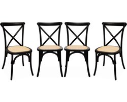sweeek - Set van 4 houten bistrostoelen, vintage, rotan zitting, stapelbaar