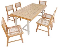 sweeek - Tafel binnen/buiten acacia hout en metaal, 6 stoelen gevlochten hars