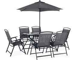 sweeek - Tuinset met stalen tuintafel, 6 stoelen en 1 parasol - sonia