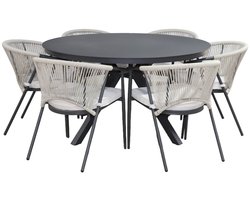 sweeek - Tuintafel rond van aluminium en glas met 6 stoelen - orbis en liora