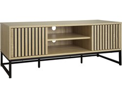sweeek - Tv-meubel met gegroefd houtdecor en zwart metalen onderstel, druksysteem l 120